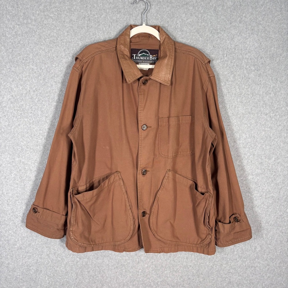 Vintage Thunder Bay Chore Barn Jacket Coat Medium‎ Leather Collar Canvas READ